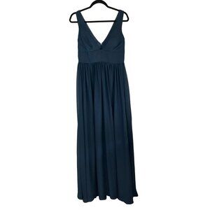 JJ's House Women's Size 4 Chiffon Bridesmaid Navy Maxi Dress Front slit Sleevele